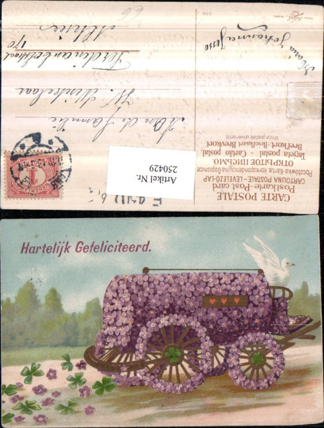 250429, Embossed Lithograph AK Wagon made of flowers, violets, doves, clovers, hearts