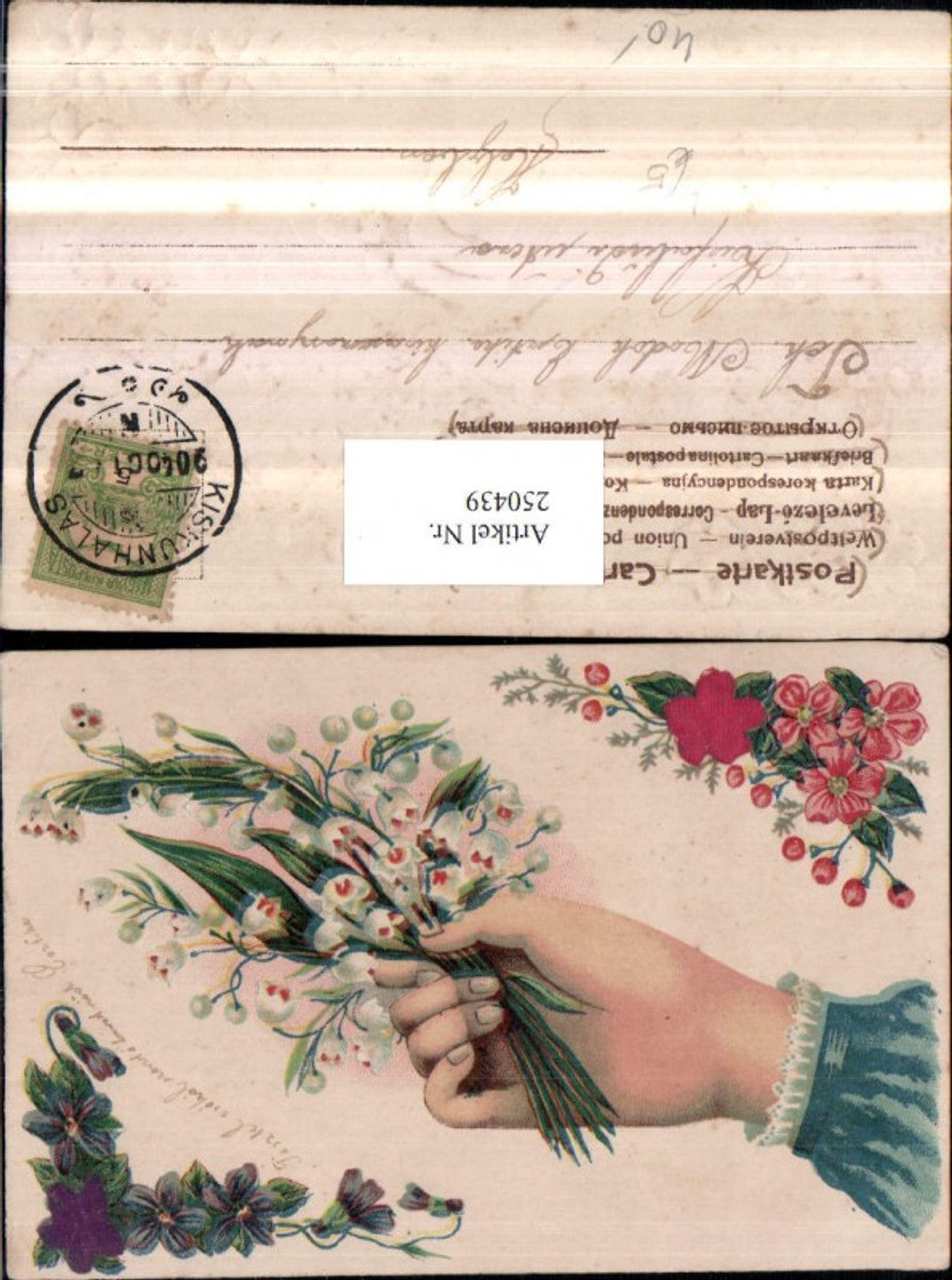250439,Präge Litho AK Frauenhand Blumenstrauß Märzenbecher Veilchen Blumen