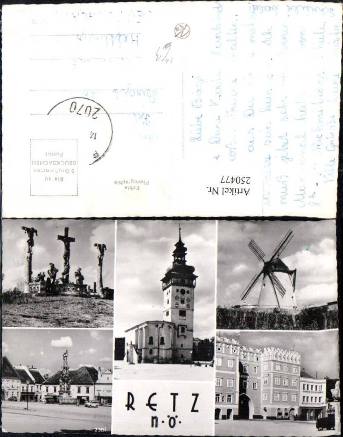 250477,Retz Kalvarienberg Kreuze Rathaus Windmühle Pestsäule Verderberhaus Mehrbildkarte