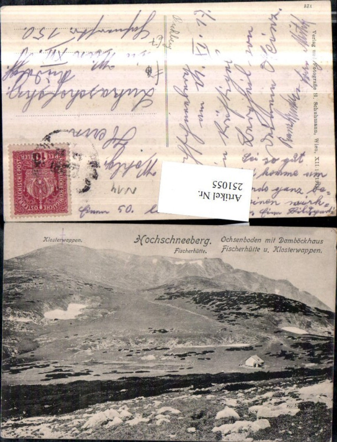251055,Hochschneeberg Ochsenboden m. Damböckhaus Fischerhütte u. Klosterwappen Bergkulisse b. Puchberg