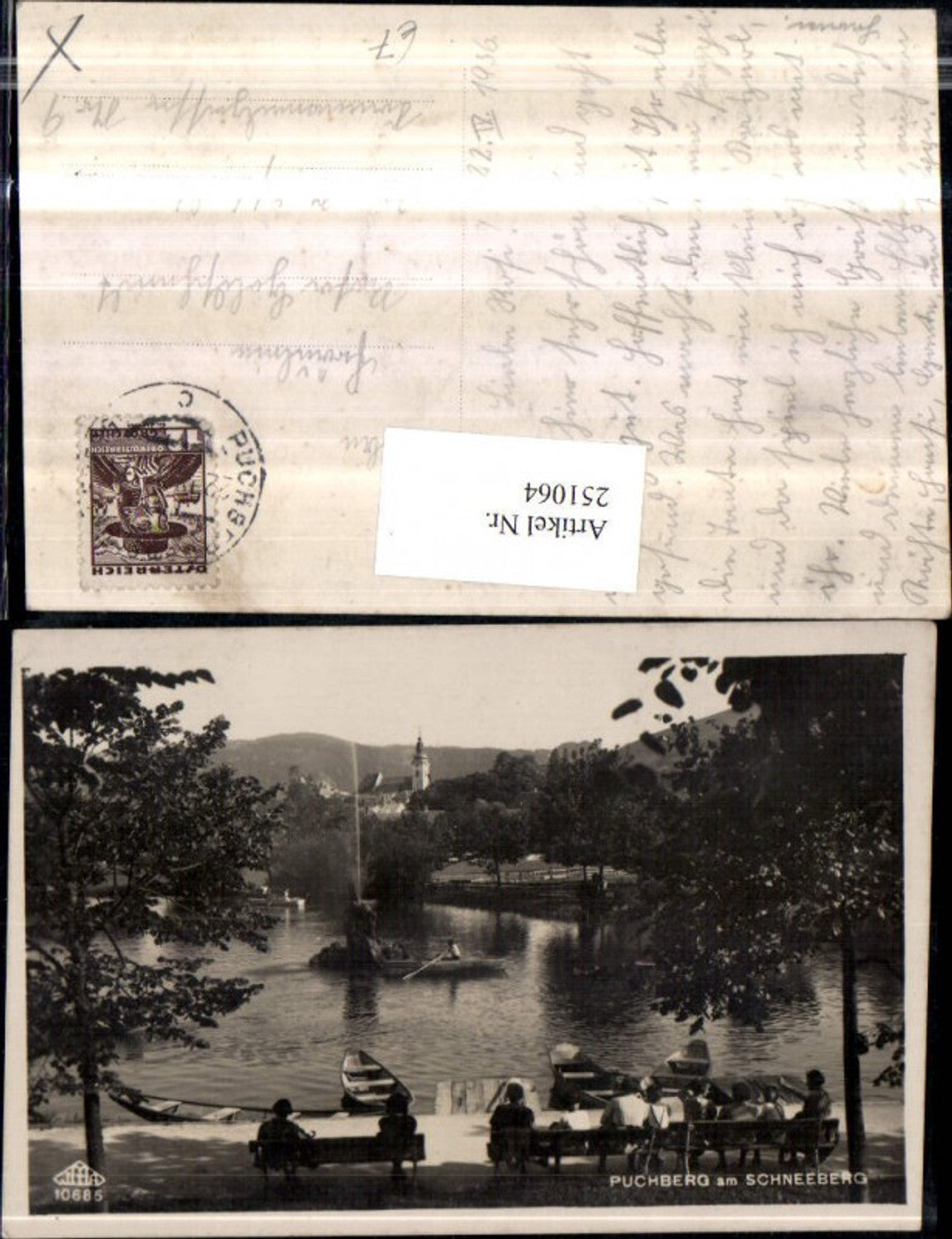 251064,Puchberg am Schneeberg Teich Fontäne Ruderboote Blick auf Kirche