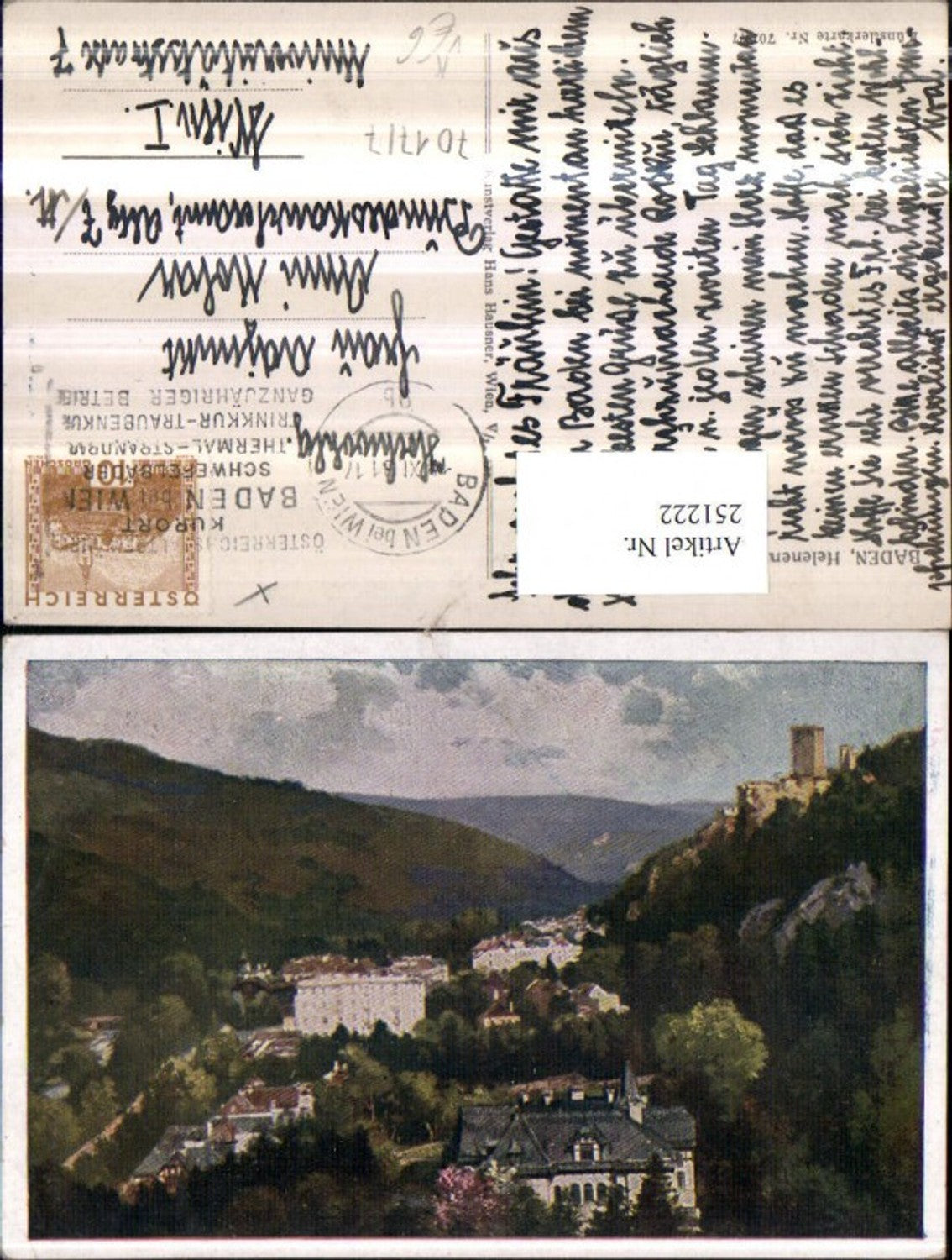 251222,Künstler AK Baden b. Wien Helenental Rauhenstein m. Ruine pub Hans Hausner 7017/7