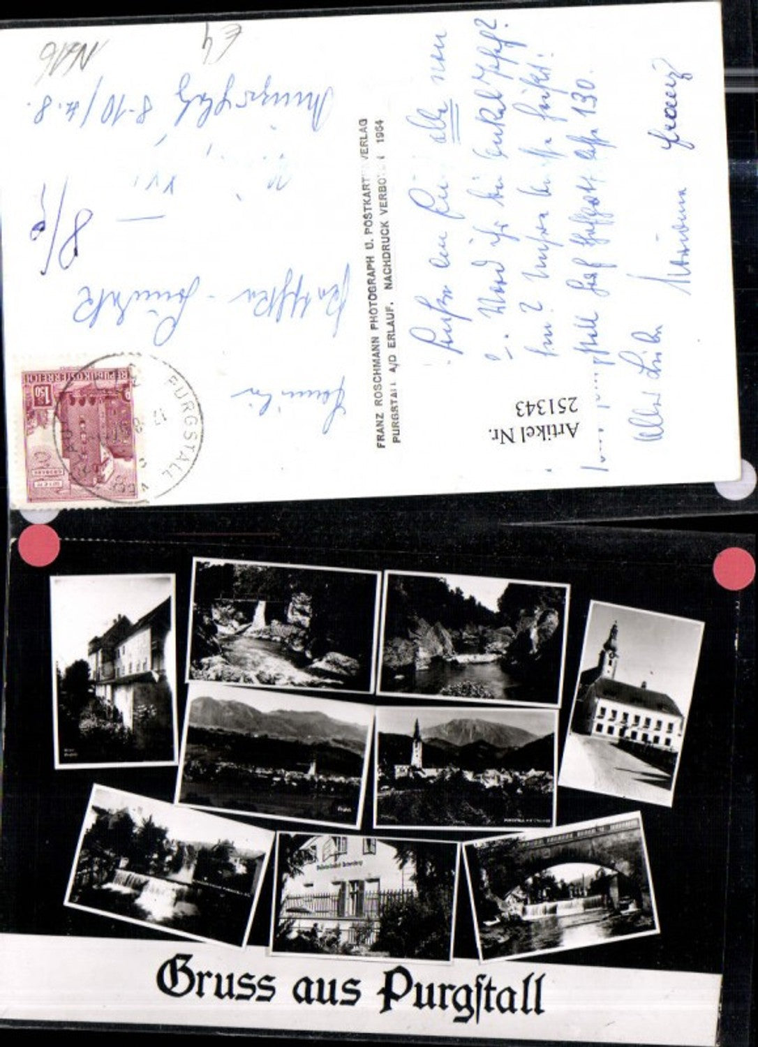 251343,Gruß aus Purgstall Totale Kirche Wehr Brücke Wasserheilanstalt Mehrbildkarte