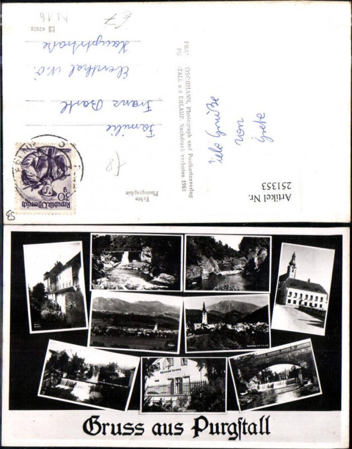 251353,Gruß aus Purgstall Totale Kirche Wehr Brücke Wasserheilanstalt Mehrbildkarte