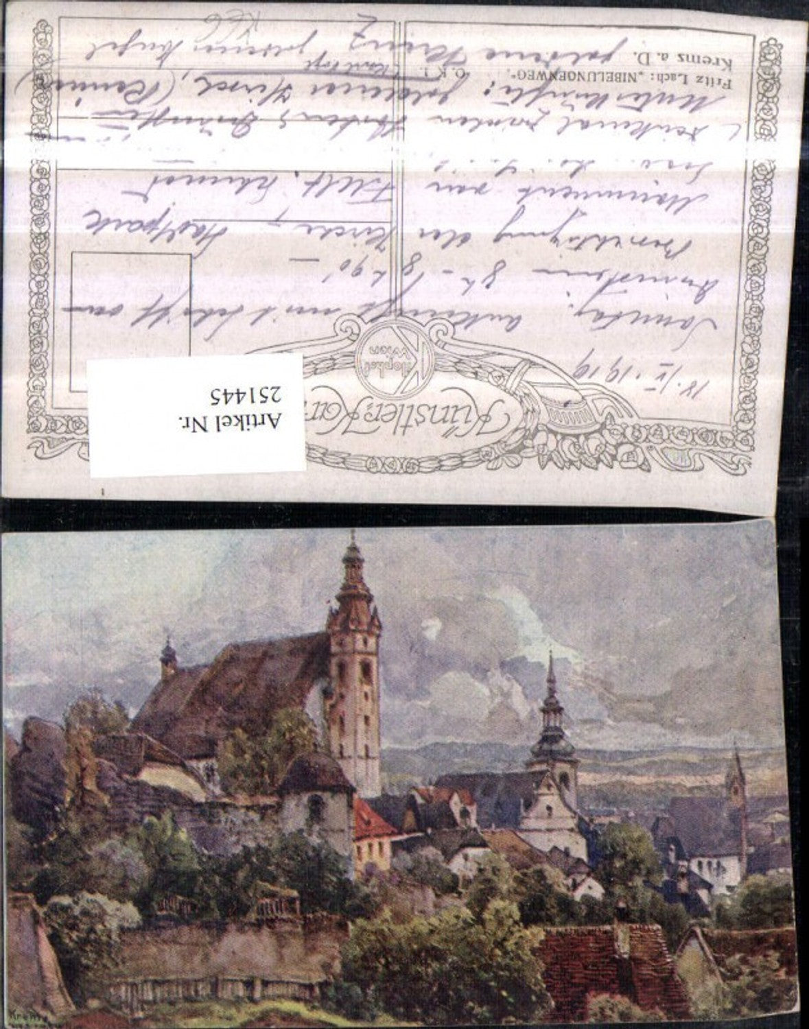 251445,Künstler AK Fritz Lach Nibelungenweg Krems an d. Donau Teilansicht Kirchen pub Kilophot