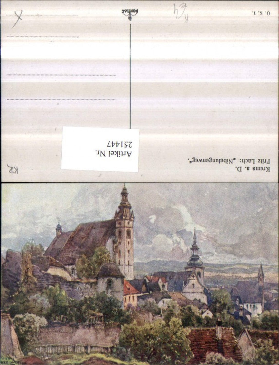 251447,Künstler AK Fritz Lach Nibelungenweg Krems an d. Donau Teilansicht Kirche