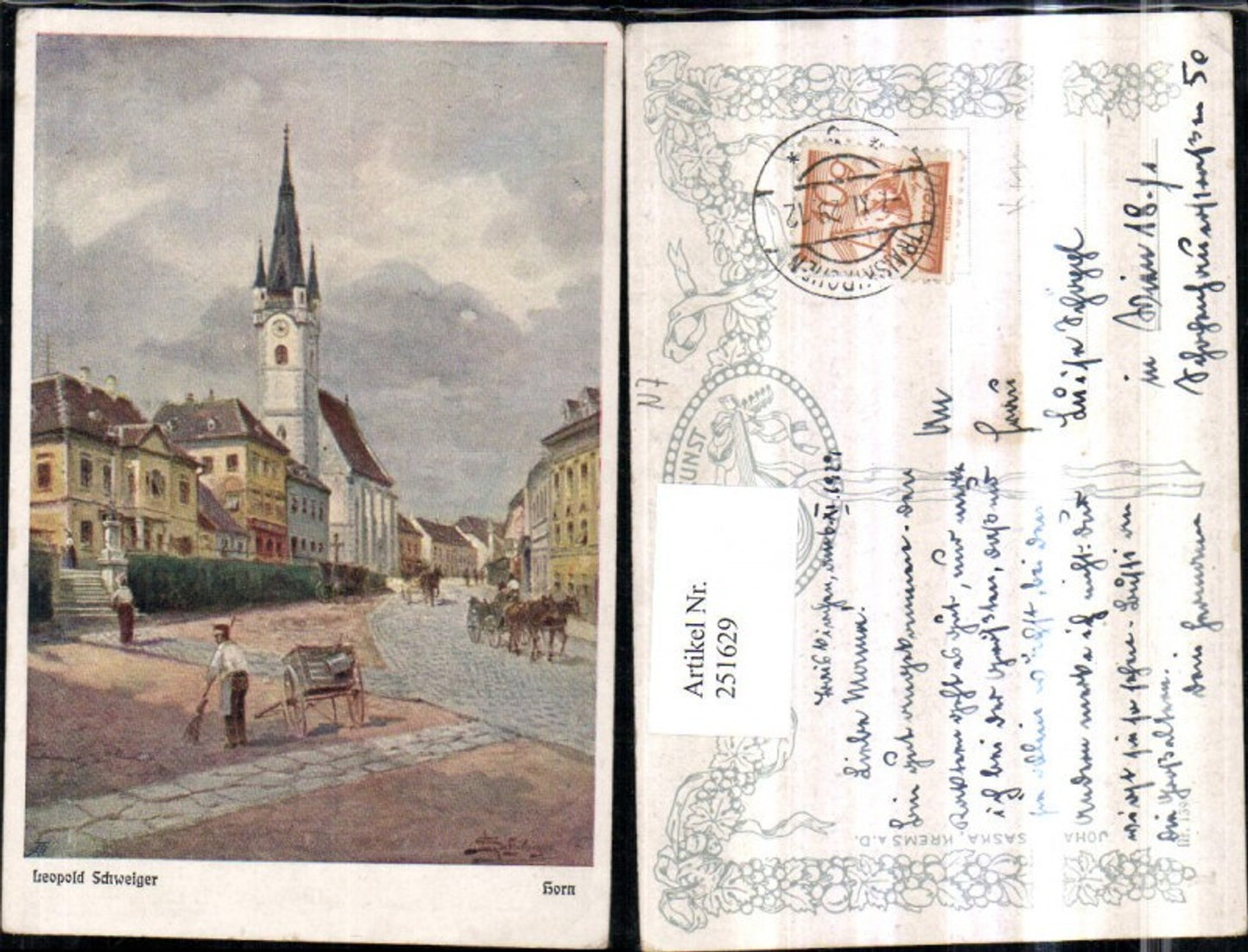 251629,Künstler AK Leopold Schweiger Horn Straßenansicht Kirche Kutschen