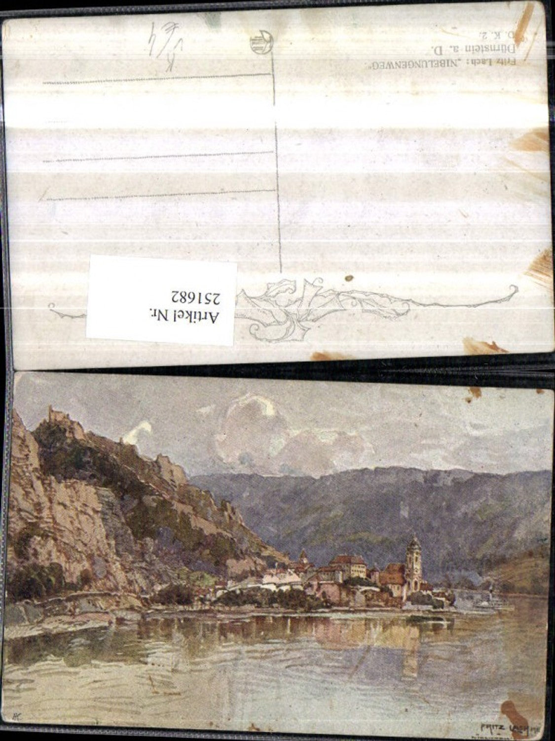 251682,Künstler AK Fritz Lach Nibelungenweg Dürnstein an d. Donau Totale m. Ruine pub Kilophot