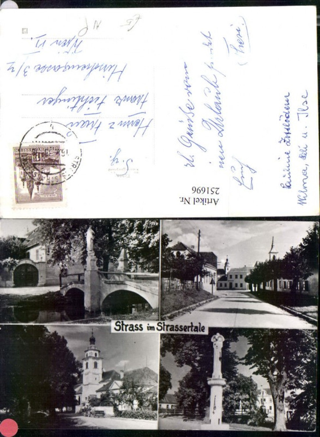 251696,Straß im Straßertale Straßenansicht Kirche Brücke Säule Mehrbildkarte