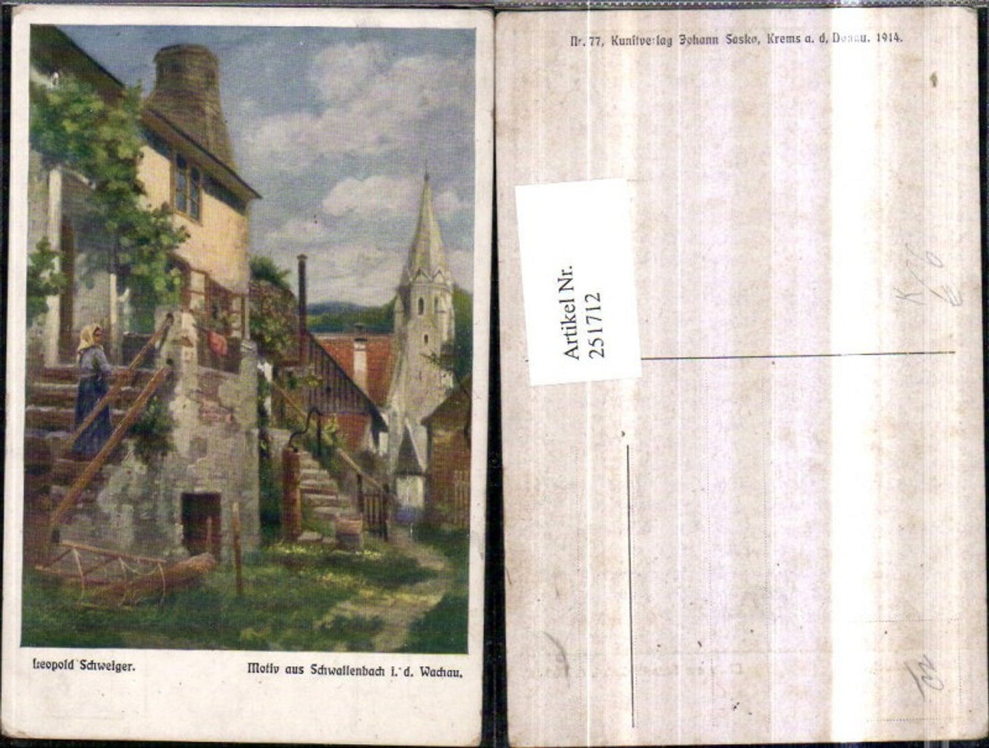 251712,Künstler AK Leopold Schweiger Motiv aus Schwallenbach in d. Wachau Kirchenturm Brunnen