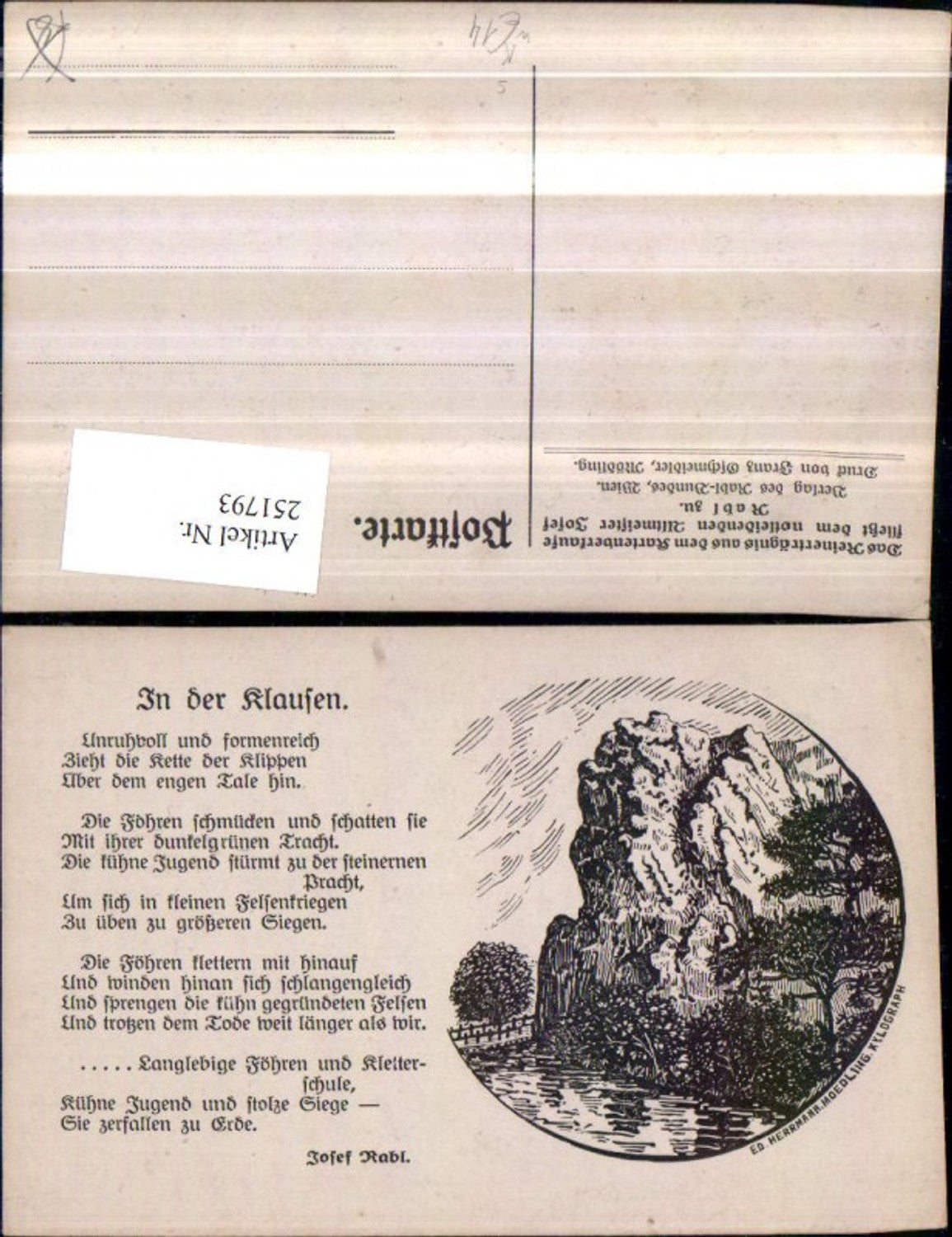 251793,Künstler AK Ed. Herrmann In der Klausen Partie Felsen Gedicht Text Reinerträgnis fließt d. Notleidenden Josef