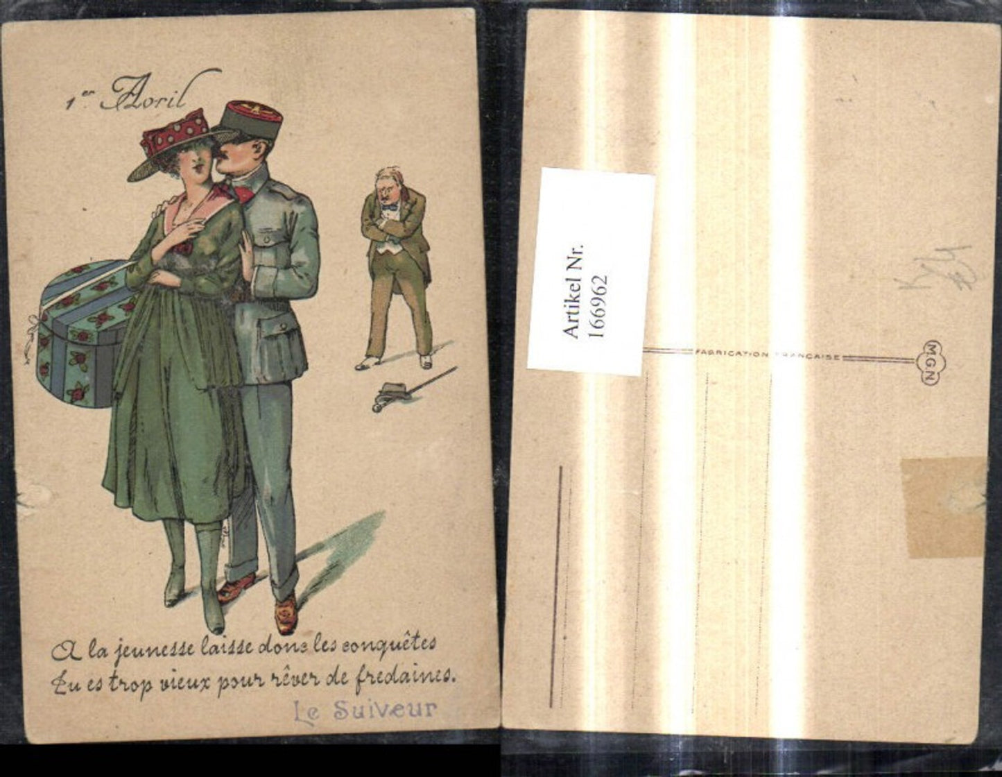 166962,Künstler Ak Frau mit Hut Hutschachtel i. Arm Mann Soldat Uniform Spruch Text