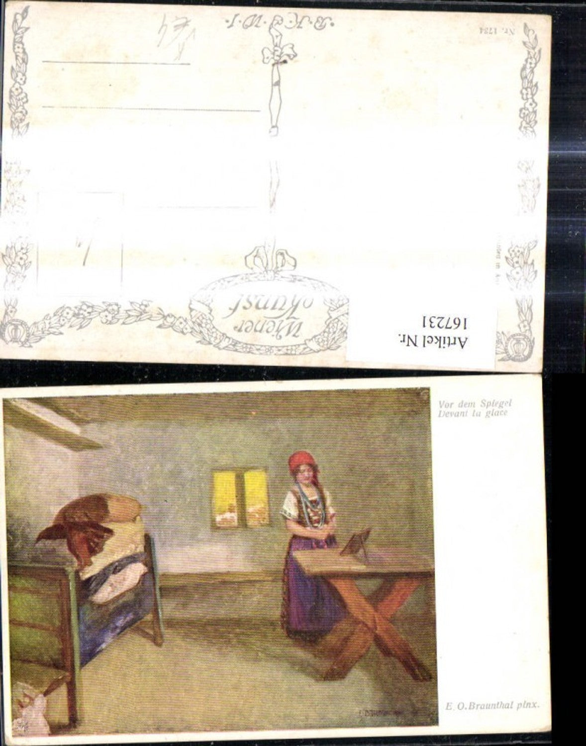 167231,Künstler Ak E. O. Braunthal Vor dem Spiegel Frau Bäuerin Tracht pub B. K. W. I. Brüder Kohn 1734