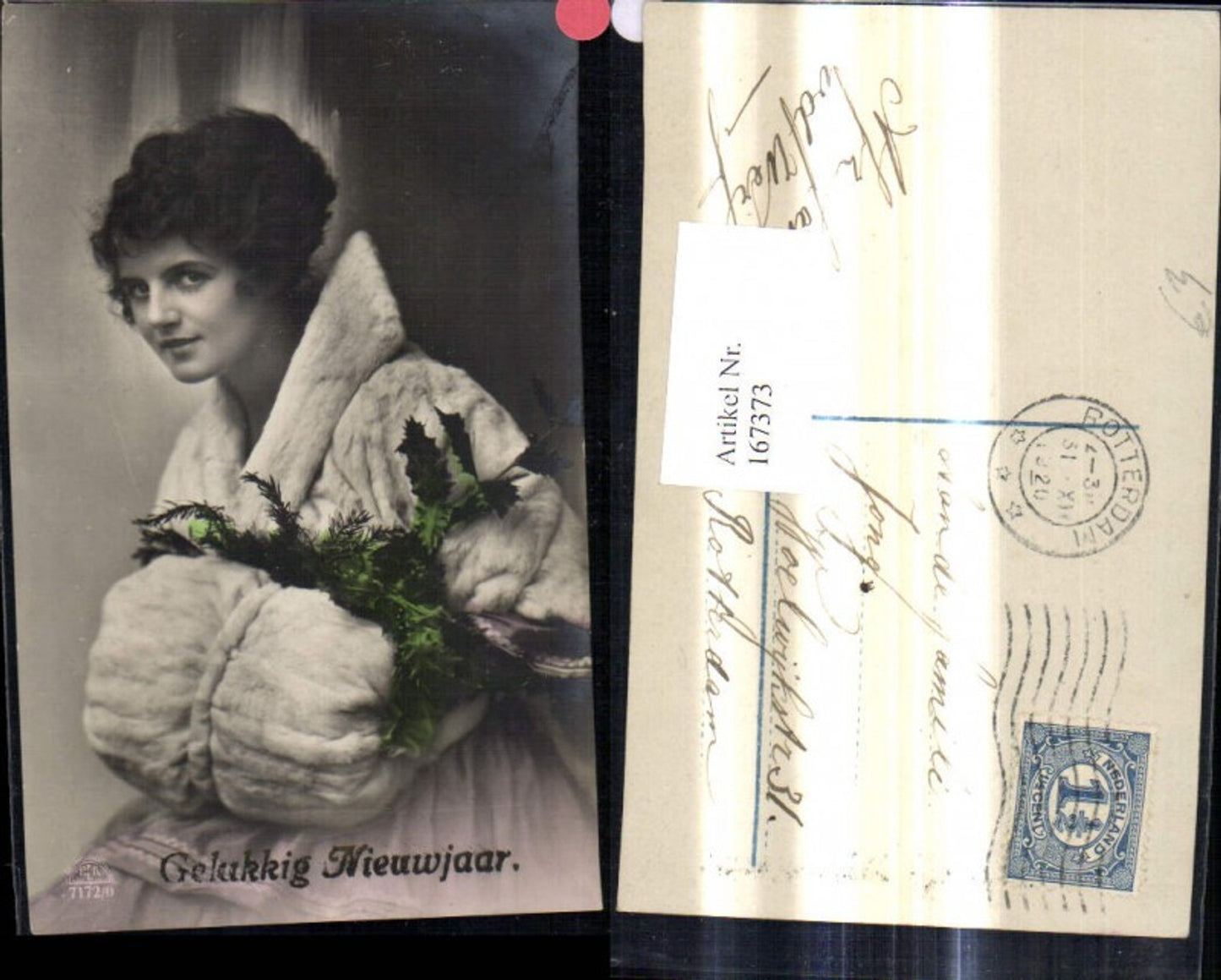 167373,Frau i. Pelz Mantel Muff m. Tannen u. Stechpalmenzweigen Gelukkig Nieuwjaar Neujahr