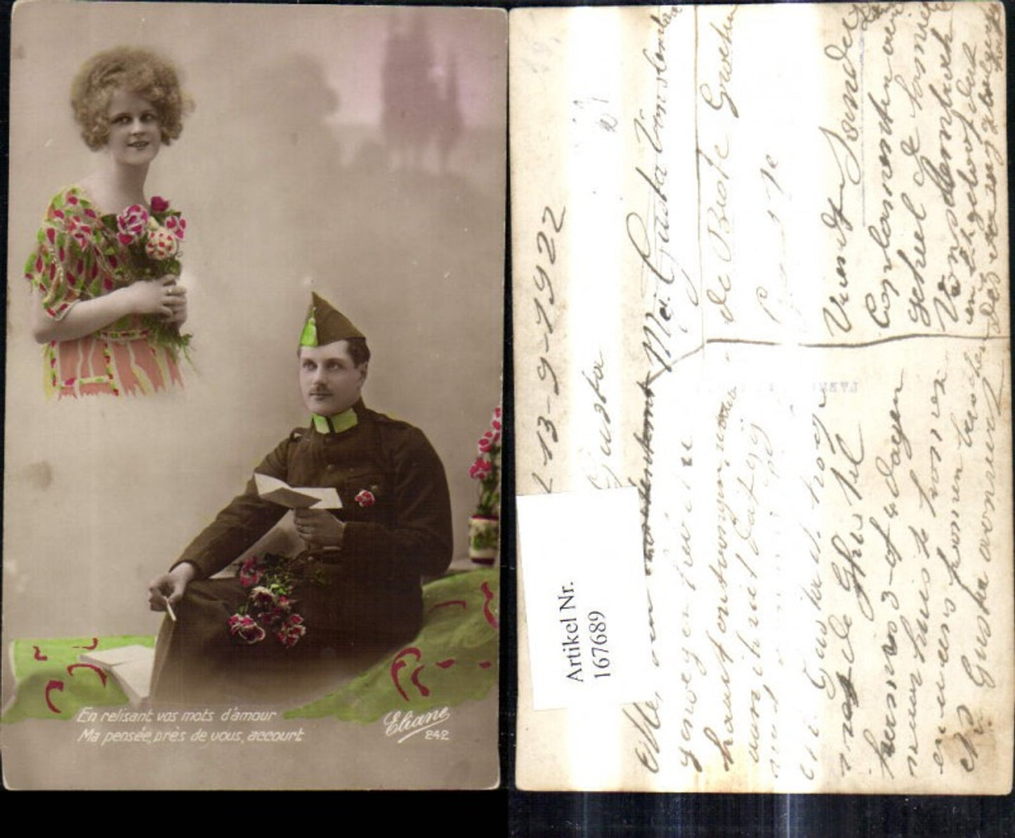 167689,Frau Kleid Mode Rosen i. Hand Mann Soldat Uniform Brief Lesen Spruch Text