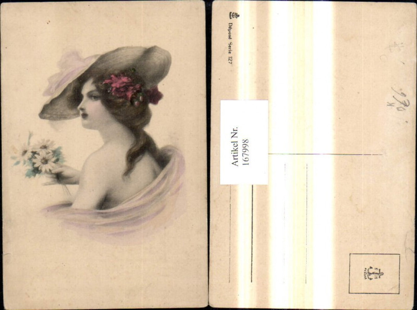 167998,Künstler Ak Jugendstil Art nouveau Frau Nackte Schulter Schleier Hut Hutmode Blumen Strauß
