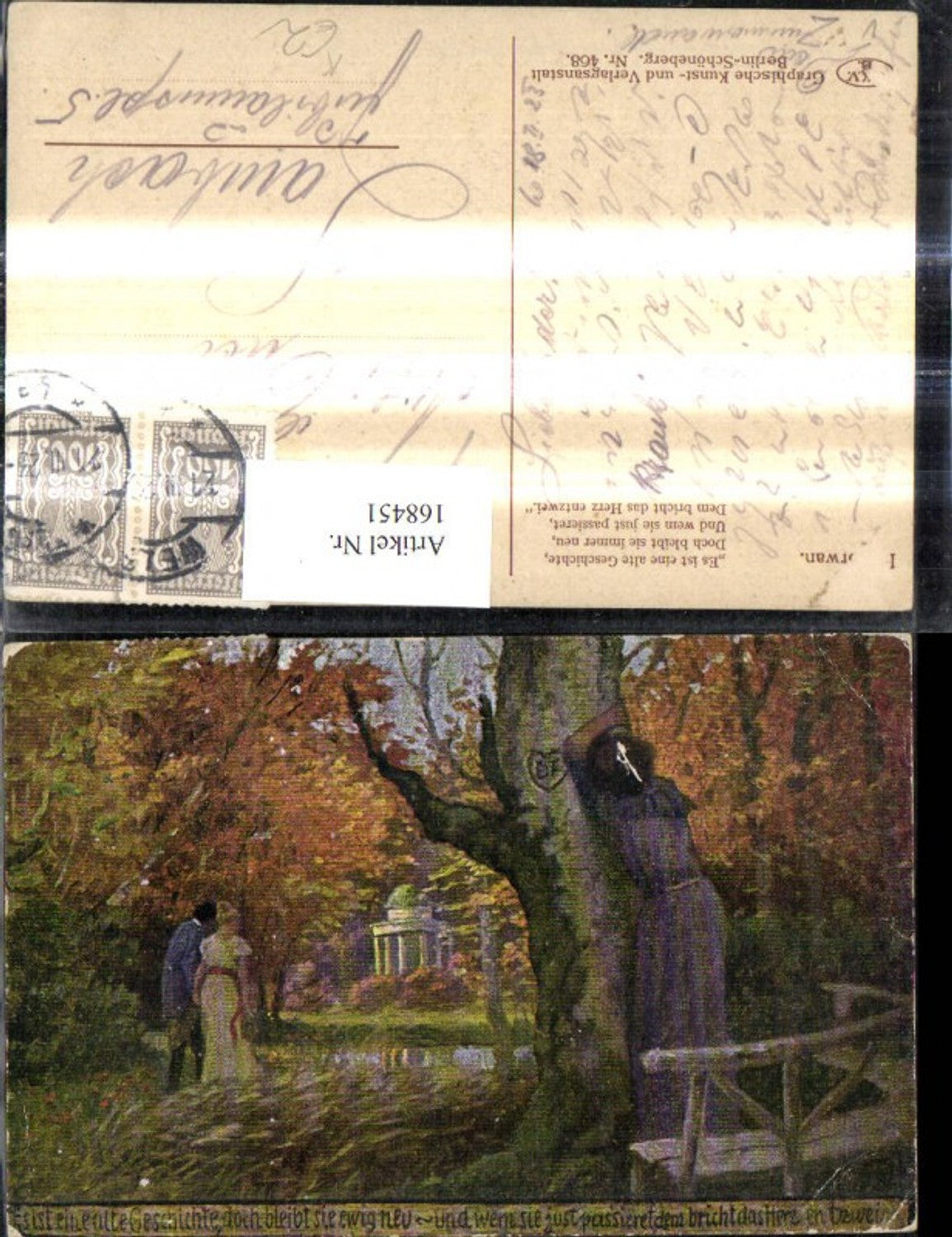 168451,Künstler Ak Liebe Paar spaziert d. Wald Frau weint a. Baum Spruch Text