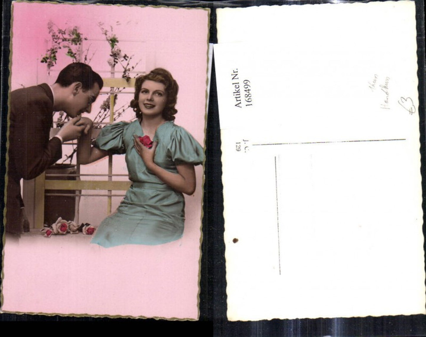 168499,Foto Ak Liebe Paar Handkuss Rose Blumen