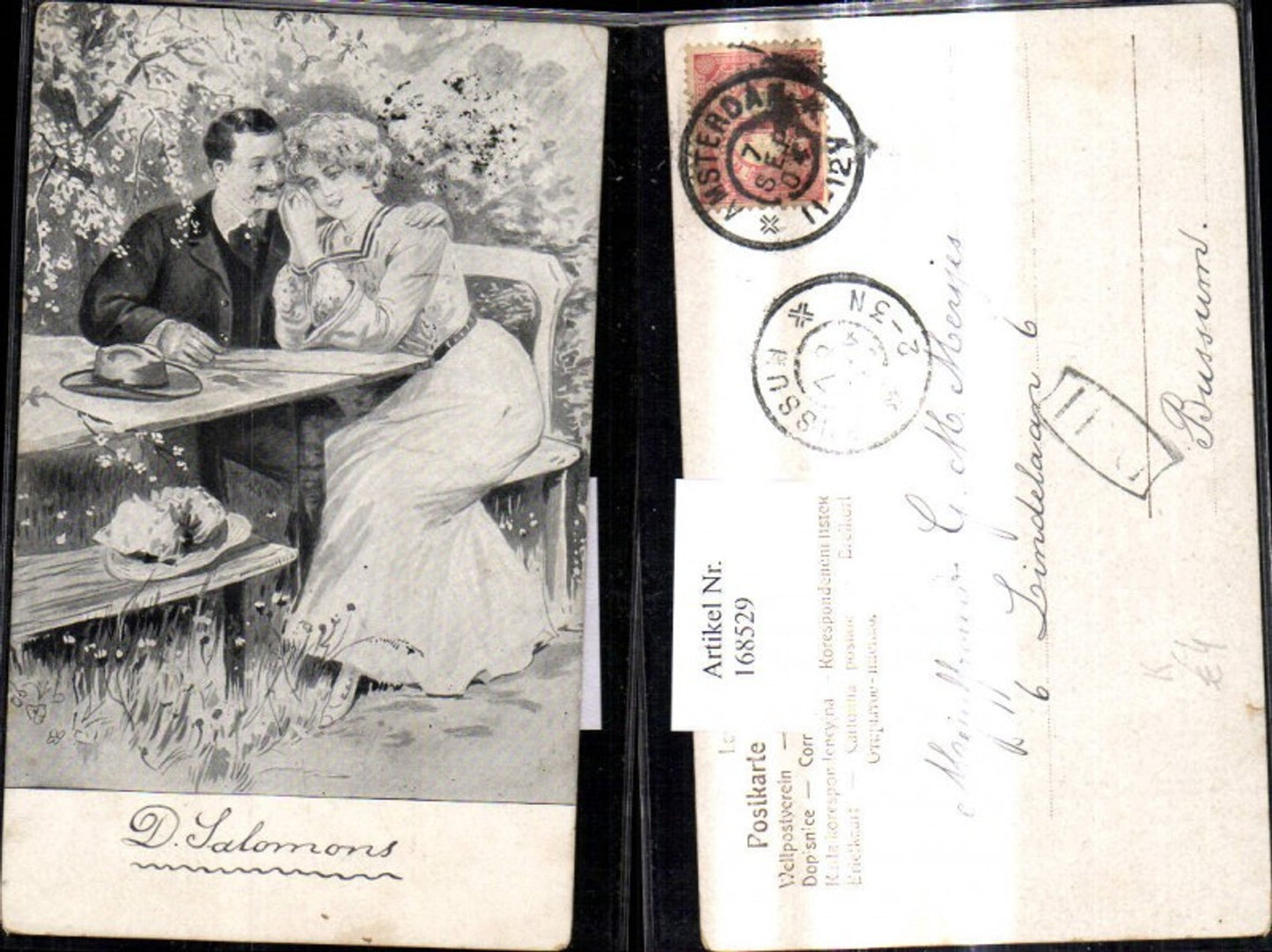 168529,Künstler Ak D. Salomons Liebe Paar Umarmung b. Tisch