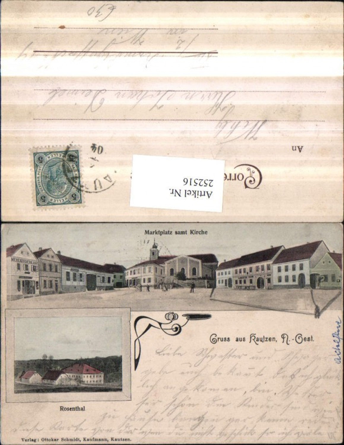252516, Greetings from Kautzen Market Square with Church Flour Depot Rosental Multi-image postcard