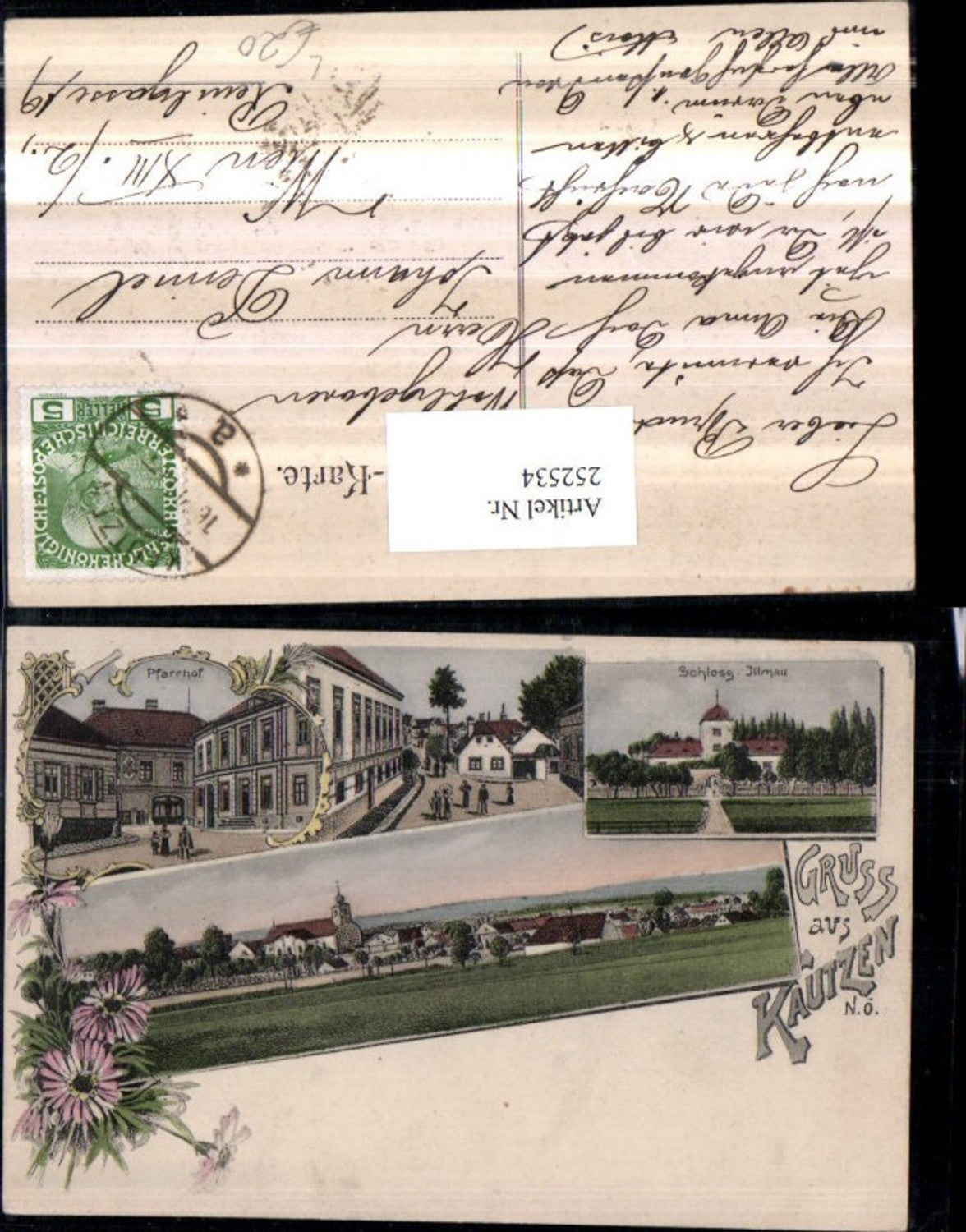 252534,Litho AK Gruß aus Kautzen Totale Kirche Pfarrhof Straßenansicht Schloss Illmau Mehrbildkarte