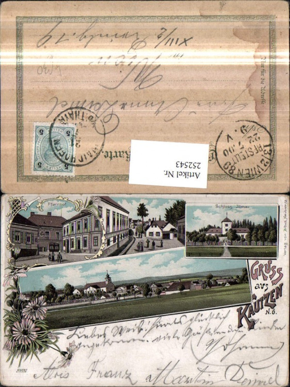 252543, Lithograph AK Greetings from Kautzen Total view of church, rectory, street view, Illmau Castle Multi-view postcard