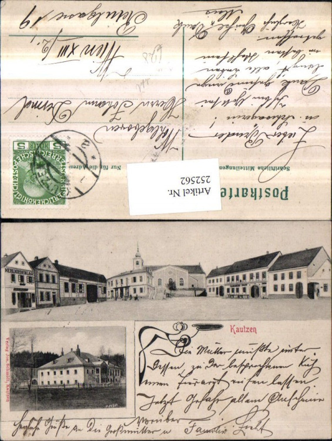 252562,Jugendstil Kautzen Marktplatz Kirche Mehlniederlage Fabrik Weberei Mehrbildkarte