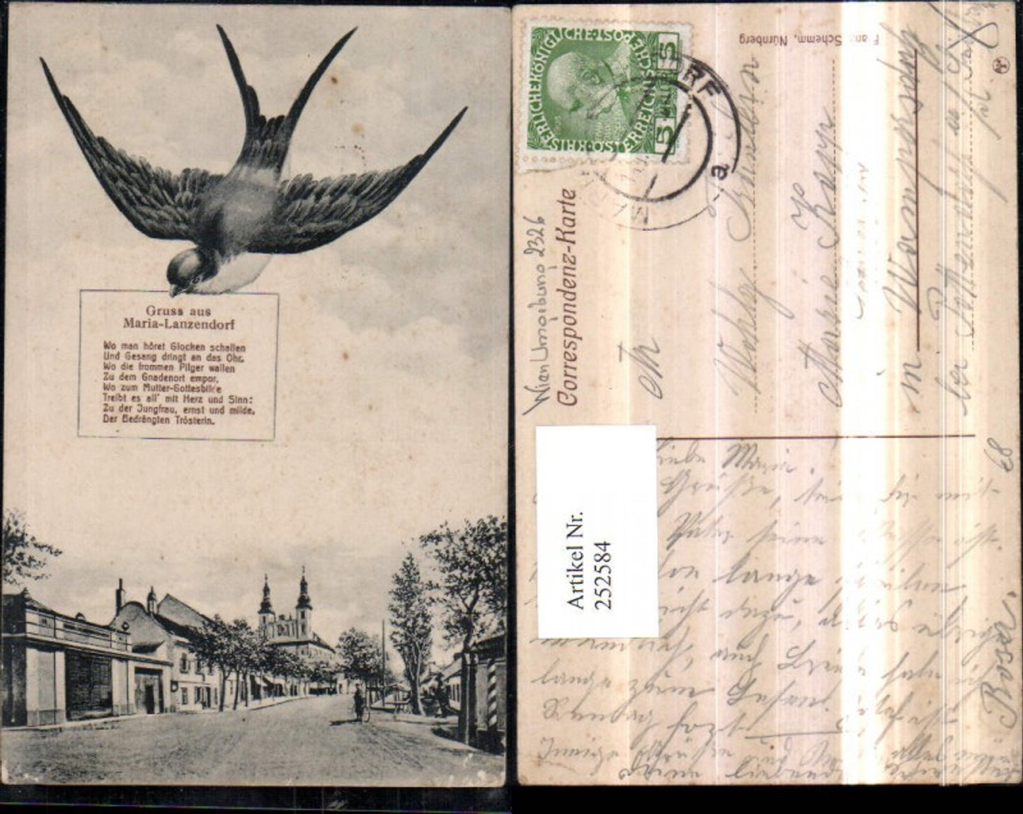 252584,Gruß aus Maria Lanzendorf Straßenansicht Kirche Schwalbe Text