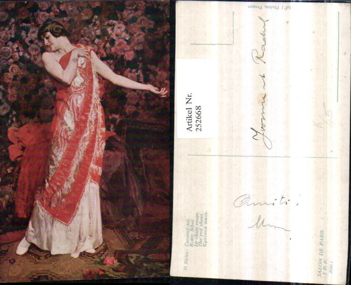 252668,Künstler AK H. Richir Roter Schal Frau m. Roten Tuch Kleid Ganzkörperportrait