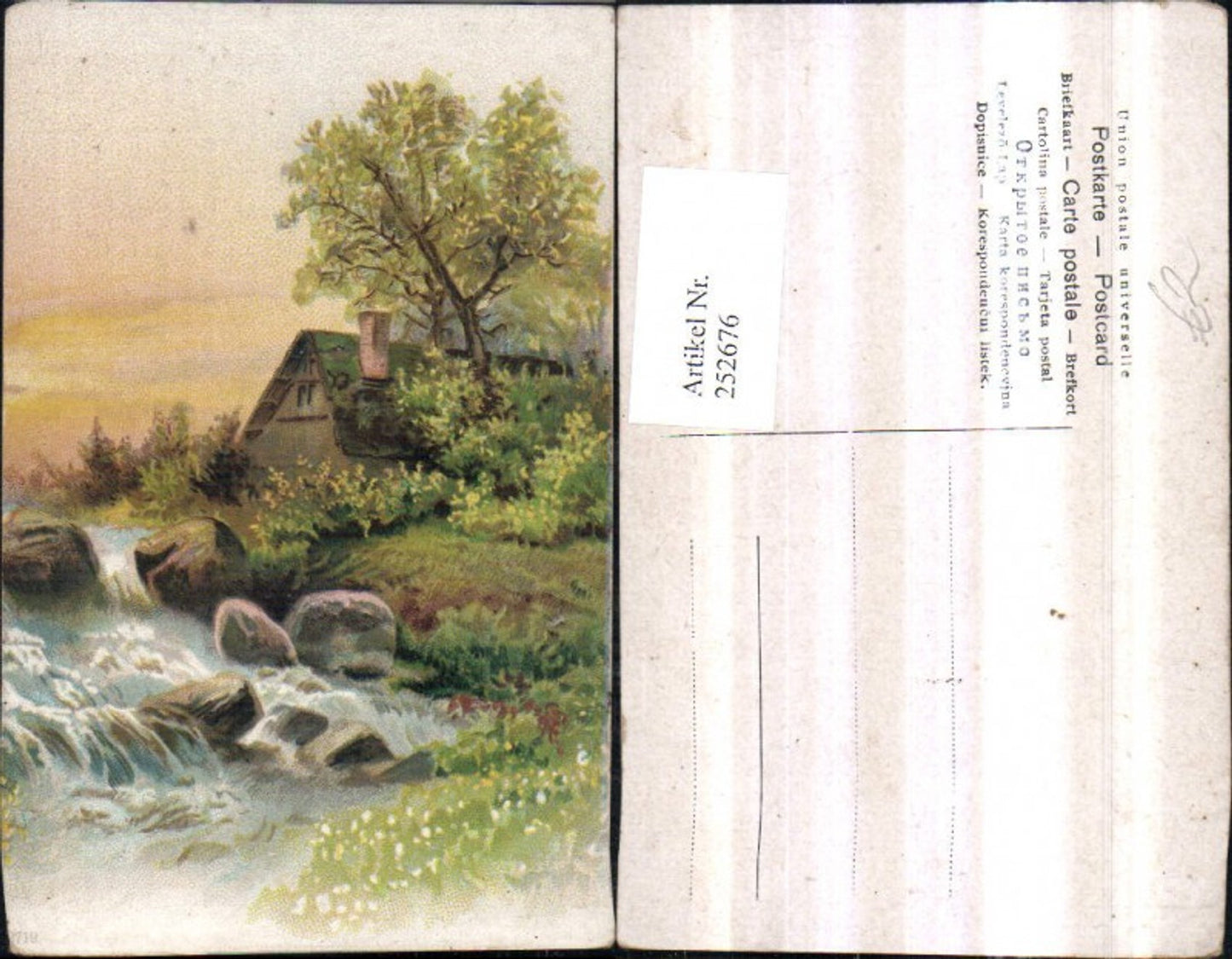 252676,Künstler AK Landschaft Haus Rauchfang Schornstein Wasserfall