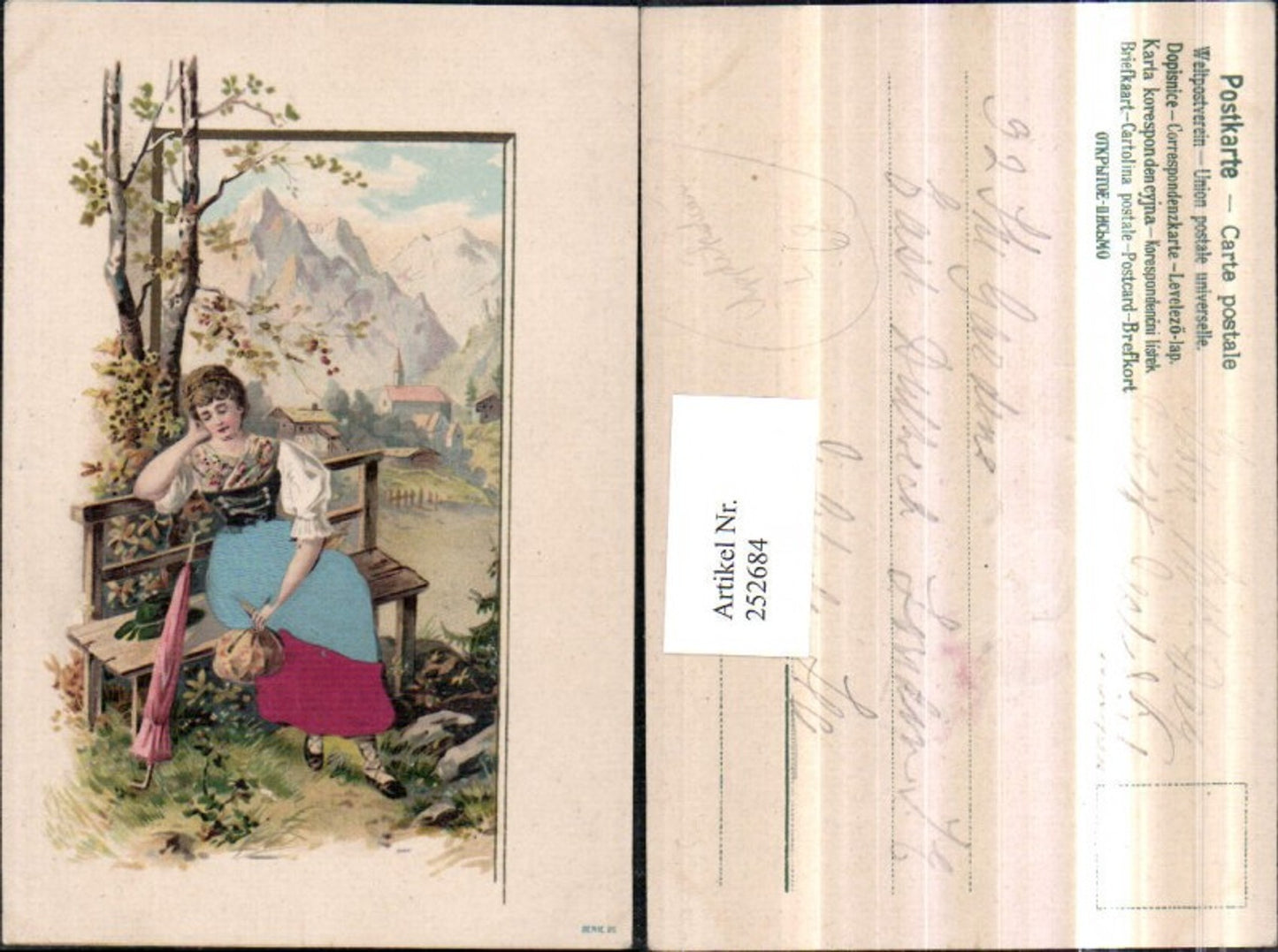 252684,Künstler Präge Litho AK Applikation Frau in Tracht Hut Schirm Holzbank