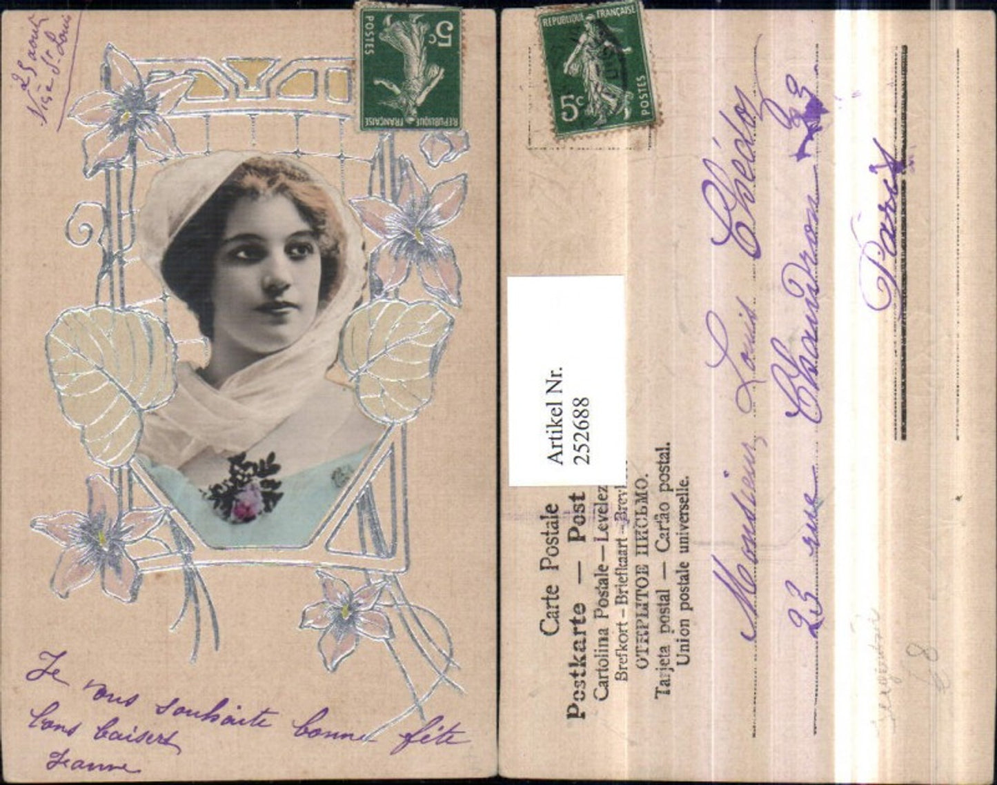 252688, Artist's stamp AK Art Nouveau silver decoration woman with headscarf portrait flowers leaves
