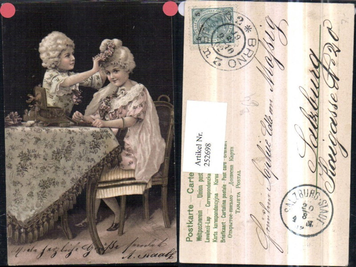 252698,Künstler Litho AK Kinder m. Perücken Schmuck Schatulle Tisch Stuhl Sessel