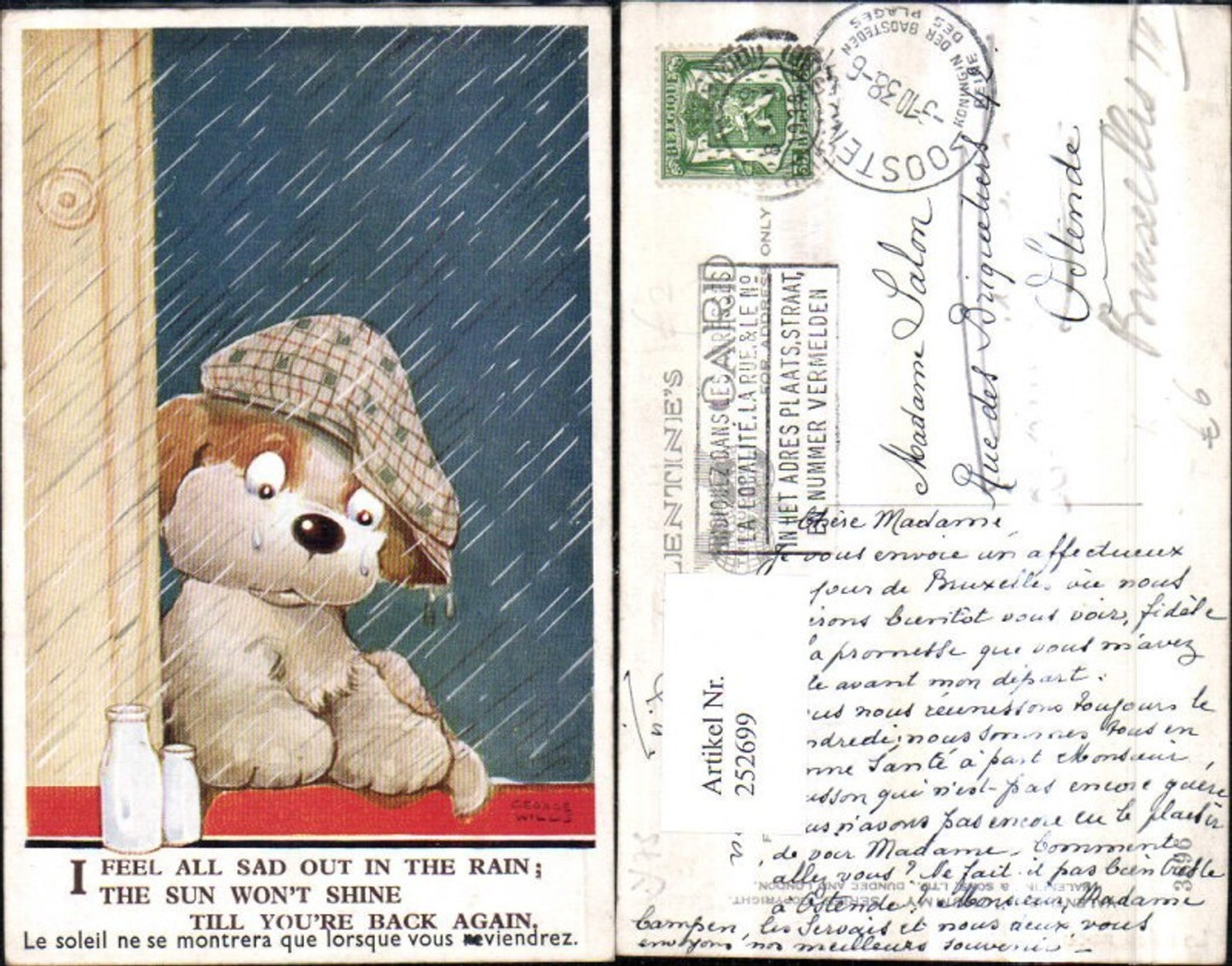 252699,Künstler AK George Willis trauriger Hund m. Hut b. Fenster Regen