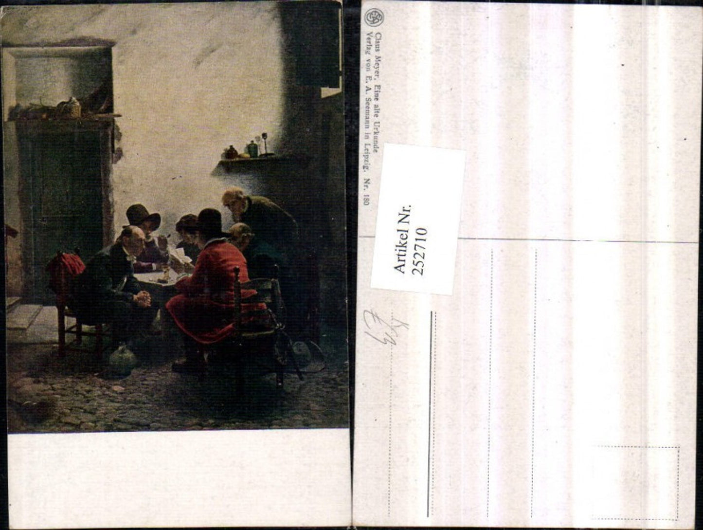 252710,Künstler AK Claus Meyer Eine alte Urkunde Personen b. Tisch Hut Sessel Stühle Pfeife