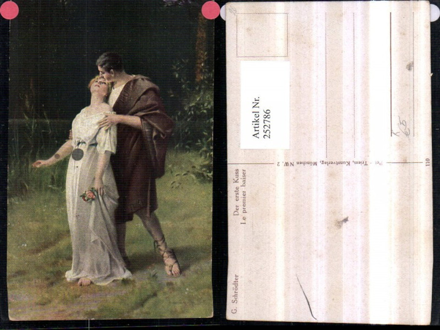 252786,Künstler AK G. Schrödter Der erste Kuss Mann m. Sandalen Frau m. Kleid Blumenstrauß Kuss