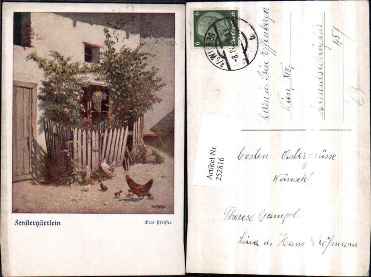 252816, Artist AK Otto Pfeiffer Window Garden House View Detail Wooden Fence Chicks Chickens