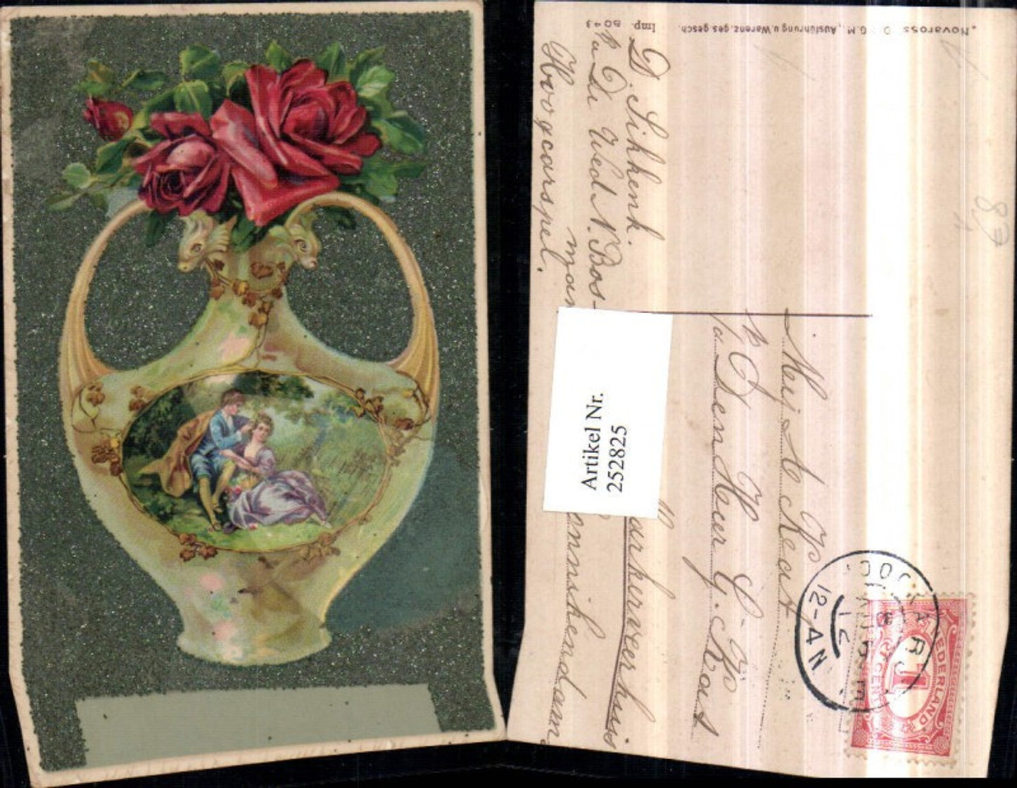 252825,Künstler AK Glitzer Mann u. Frau Kleid Passepartout Krug Rosen Blume pub Novaross 8043