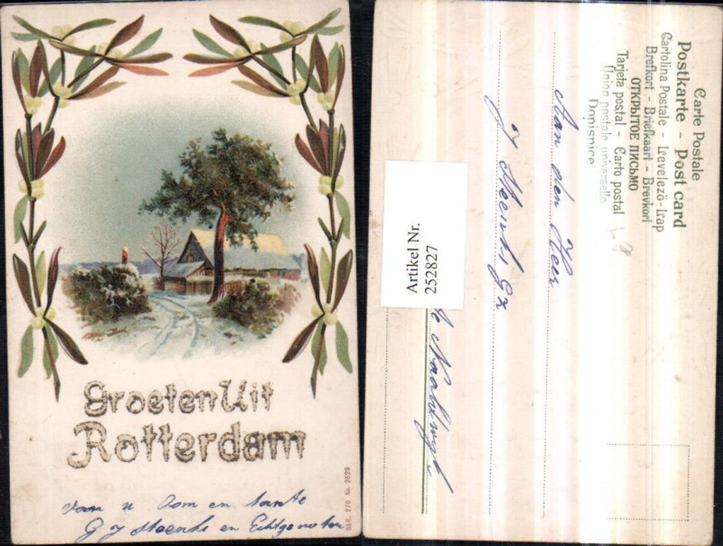 252827,Künstler Präge Litho AK Winterlandschaft Wegpartie Haus Mistelzweige