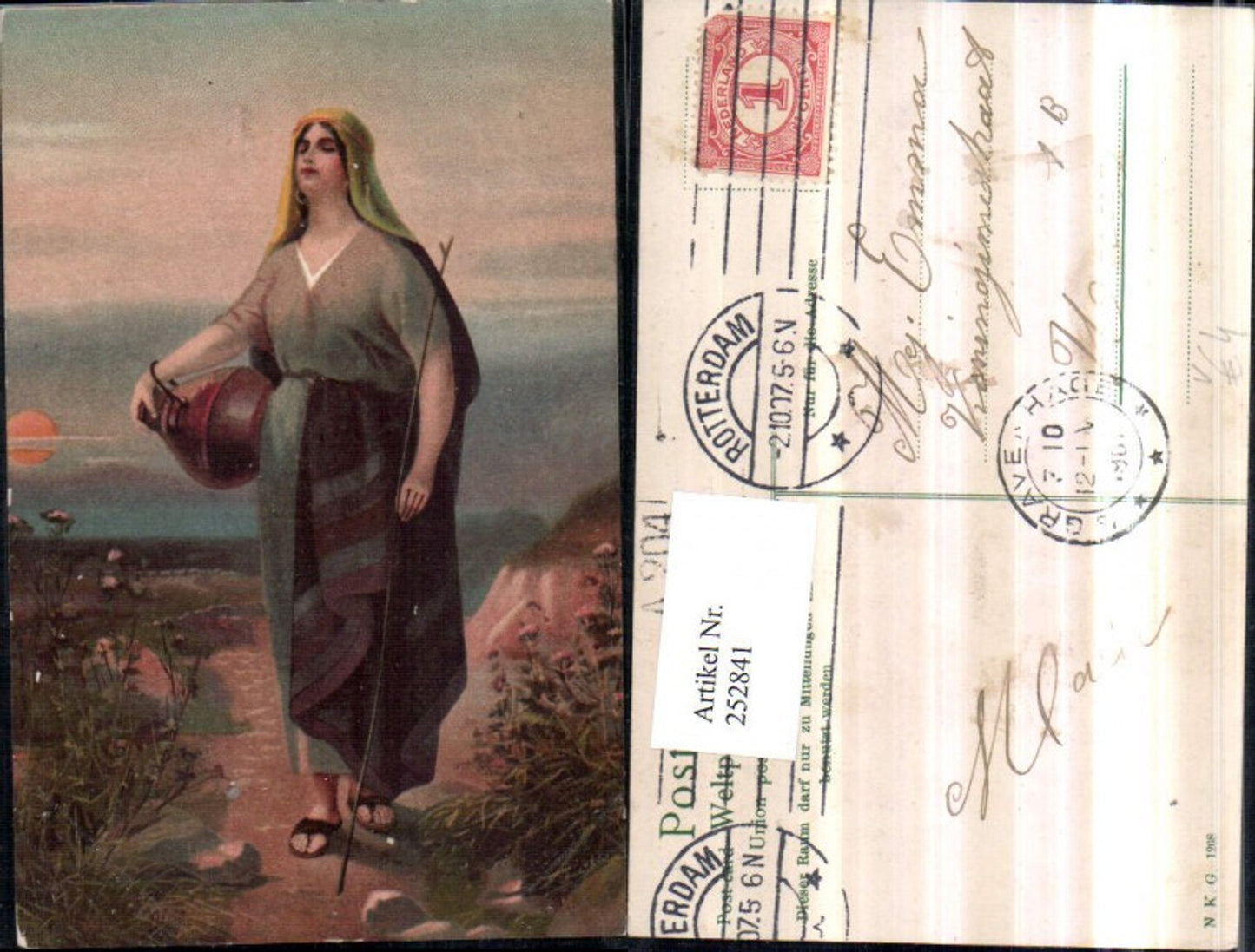252841,Künstler AK Frau m. Kopftuch Kleid Sandalen Krug Wegpartie pub N. K. G. 1208