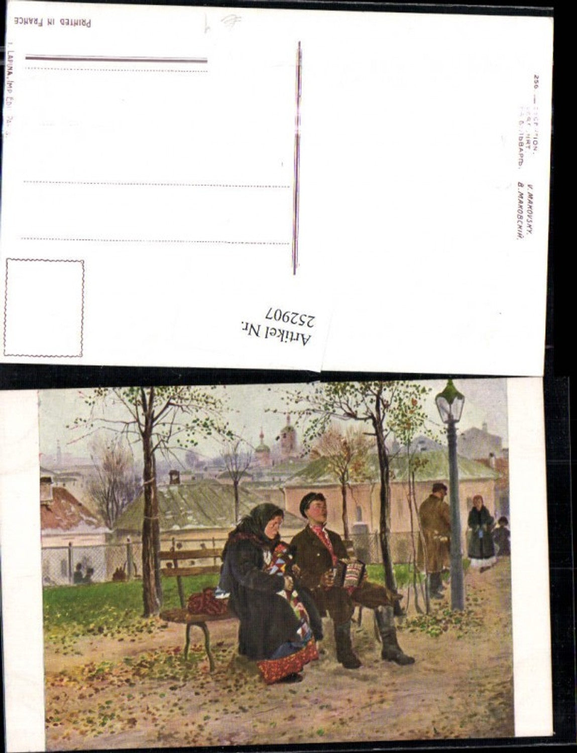 252907,Künstler AK V. Makovsky Verfrüht Frau m. Kopftuch Mantel Mann m. Ziehharmonika Holzbank Laterne