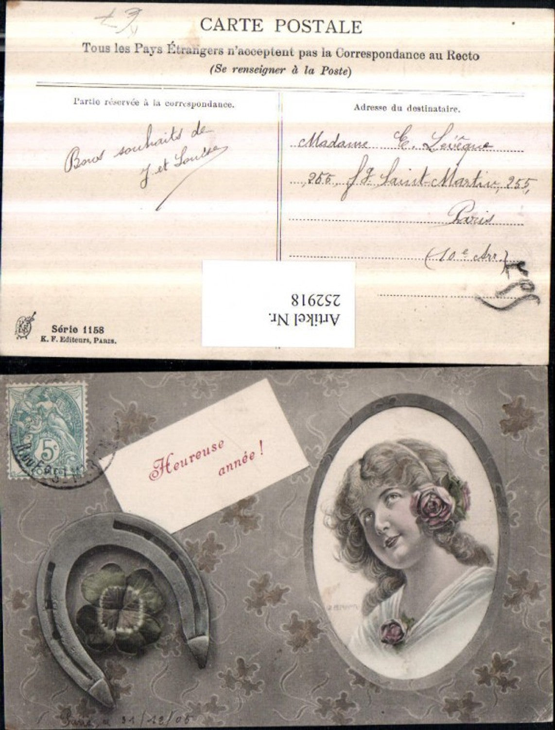 252918,Künstler AK Mädchen m. Rosen im Haar Portrait Passepartout Hufeisen Kleeblatt