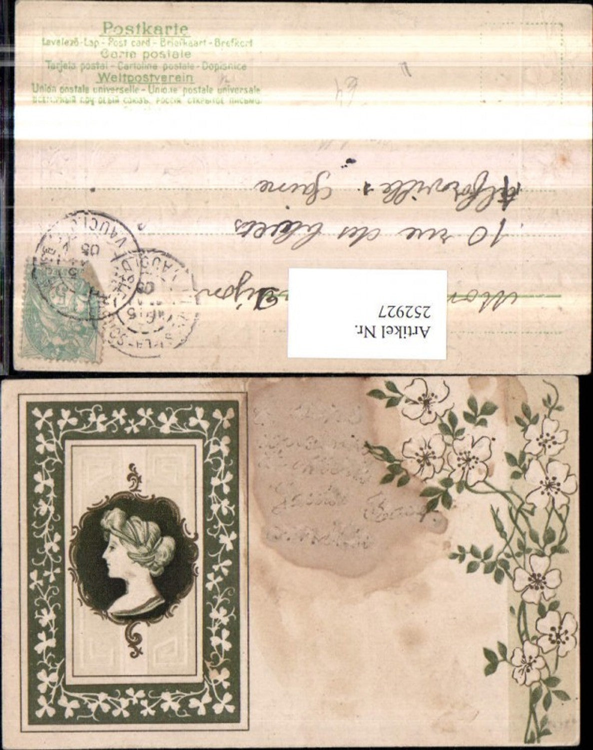 252927,Künstler Präge Litho AK Jugendstil Frau Portrait Passepartout Blumen