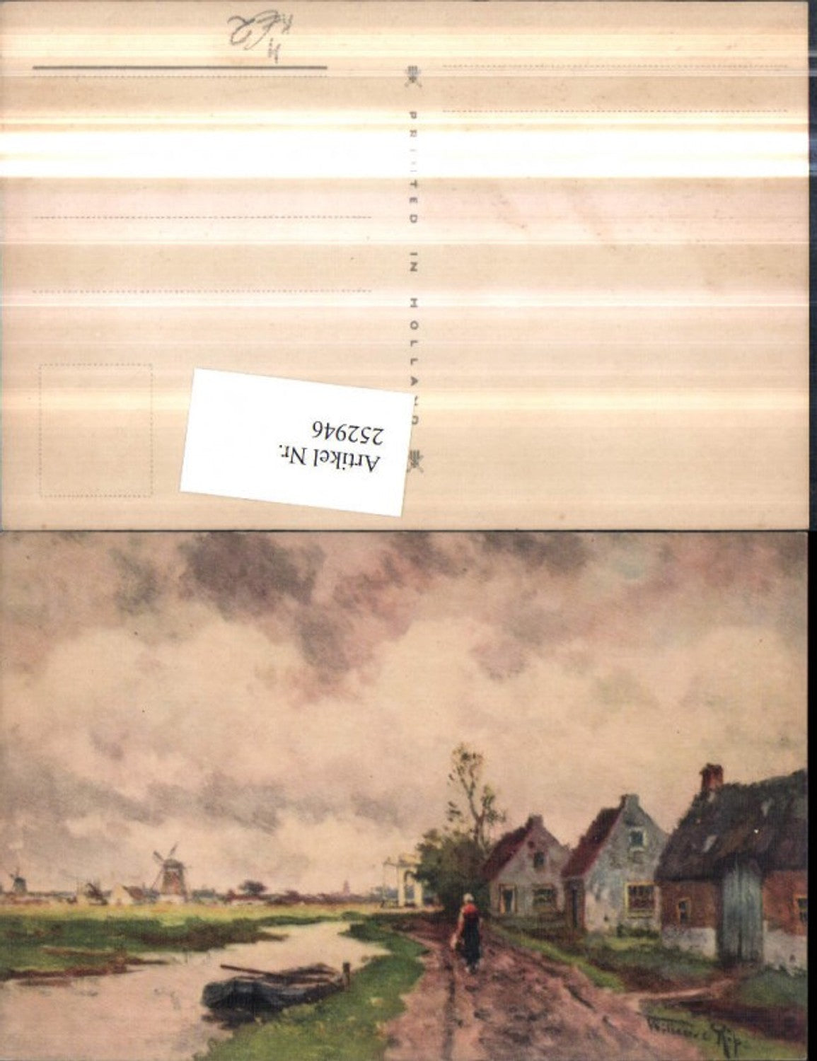 252946,Künstler AK Landschaft Häuser Wegpartie Windmühlen