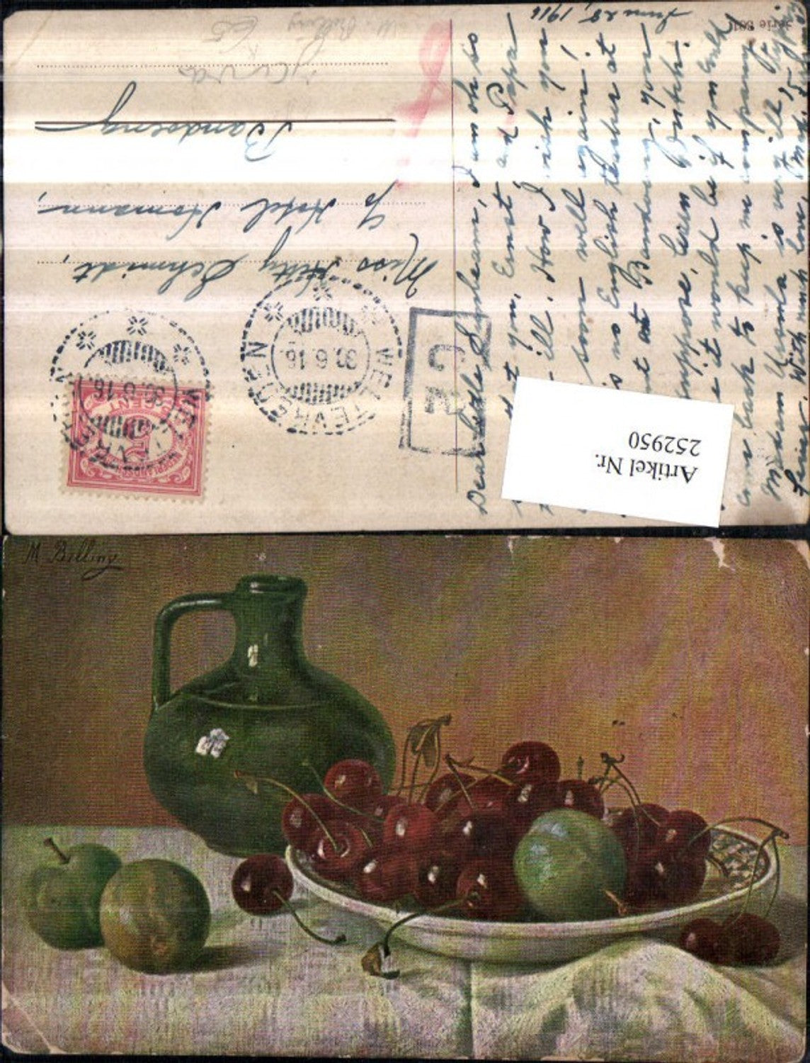 252950,Künstler AK M. Billing Stillleben Schale Kirschen Äpfel Krug