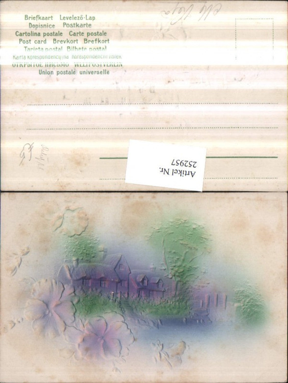 252957,Künstler Präge Relief AK Hausansicht Partie Blumen