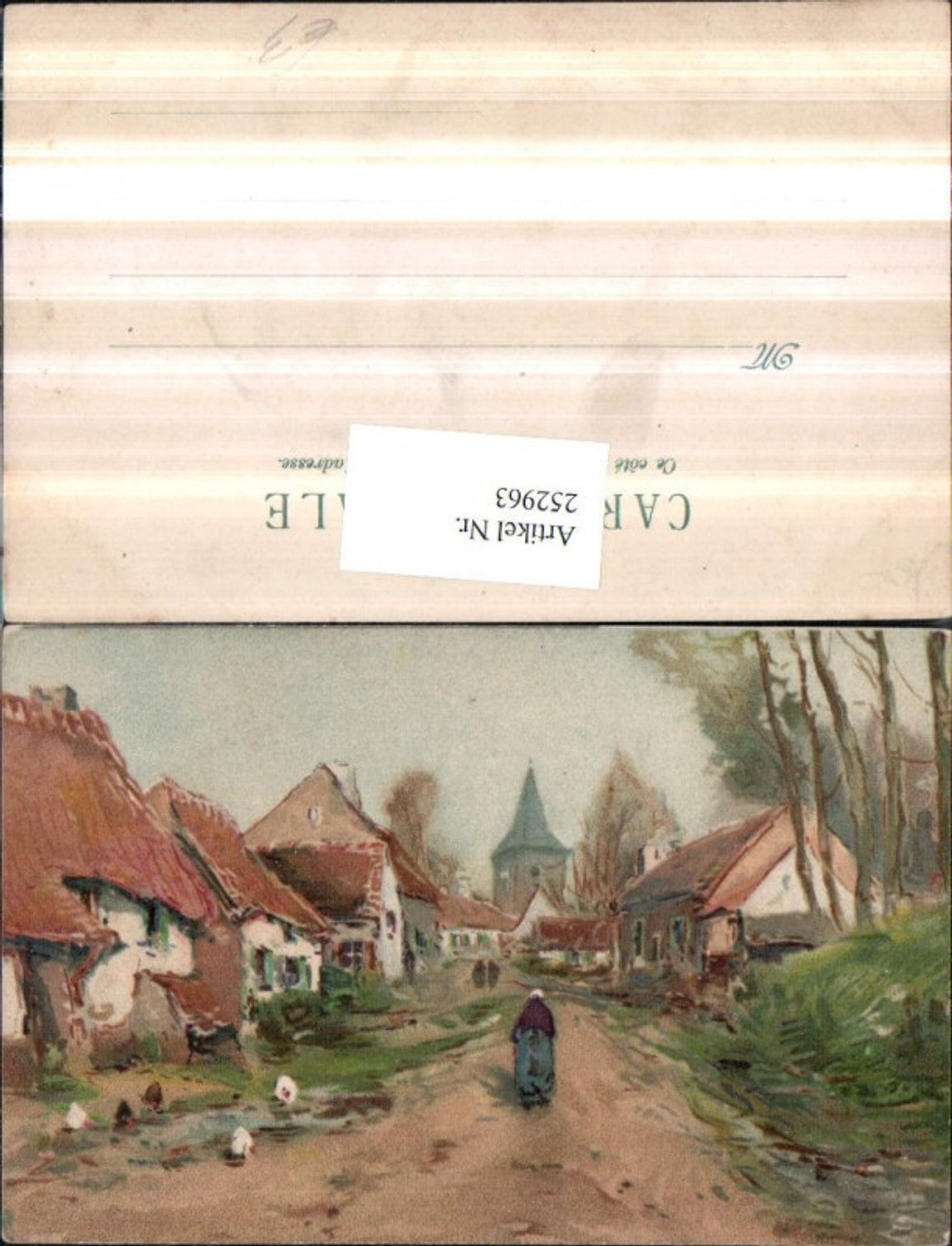 252963,Künstler AK Ortsansicht Wegpartie Häuser Hühner Turm