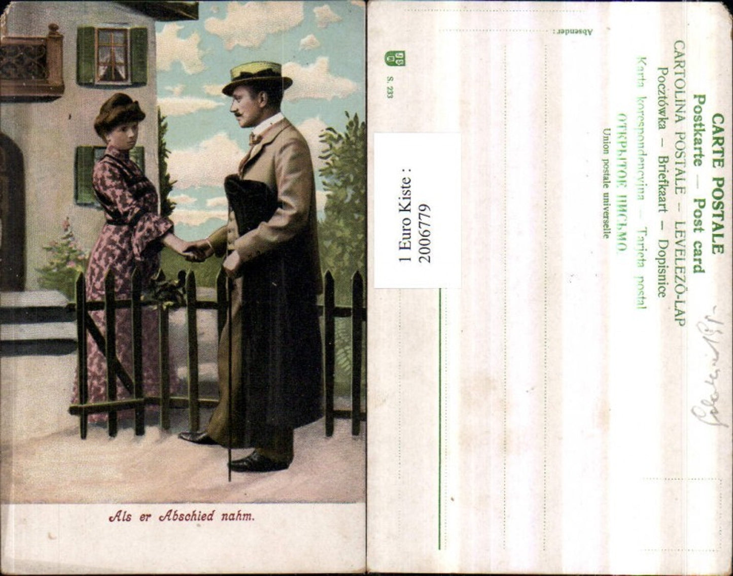 2006779,Als er Abschied nahm Mann m. Hut Mantel Anzug Stock Frau m. Kleid Händchen haltend Holzzaun Haus