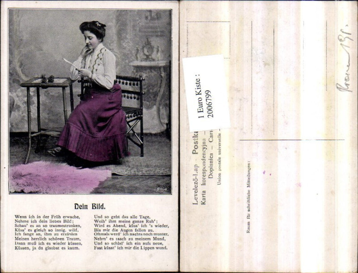 2006799,Dein Bild Text Gedicht Frau m. Bluse Rock Foto in d. Hand Stuhl Sessel Tischchen