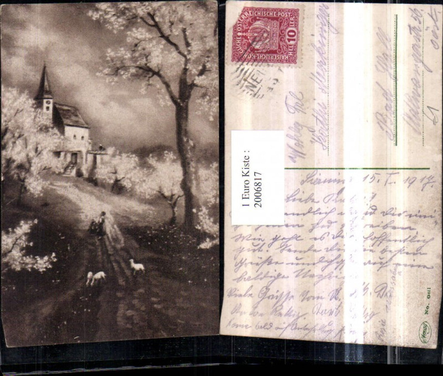 2006817,Künstler AK Landschaft Wegpartie Kirche blühende Bäume